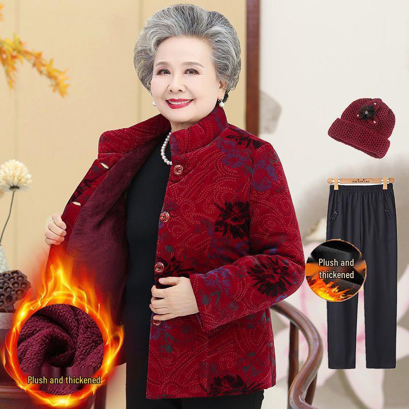 Fleece-Lined Winter Jacket for Middle-Aged and Elderly Women: Grandma Style, Thickened Cotton, Two-Piece Set (Top and Jacket).