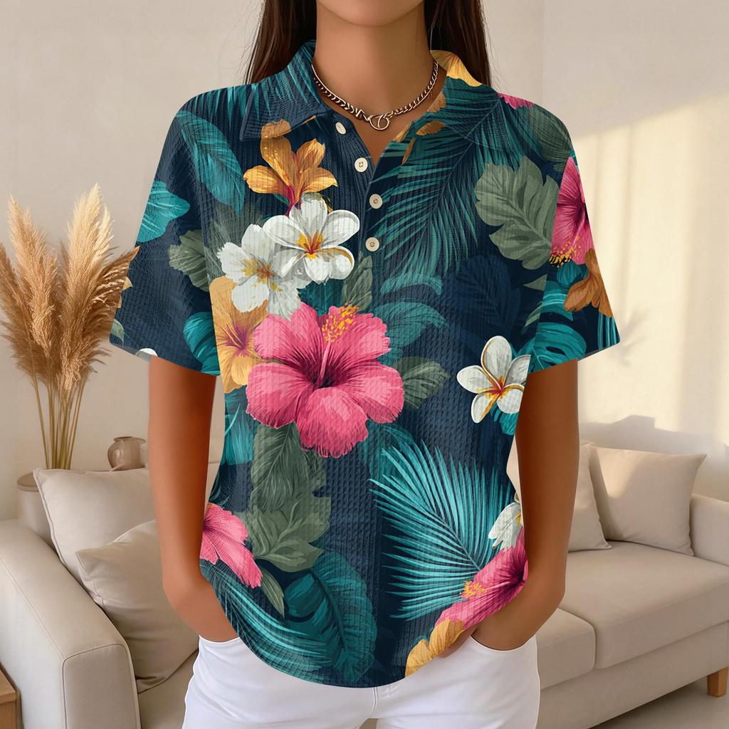 Women's Casual Short Sleeve Polo Shirt Waffle Texture Hawaiian Print Lightweight Summer Top with Buttoned Collar Relaxed Fit
