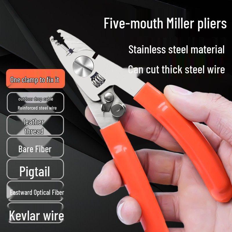 

Многофункциональные плоскогубцы Миллера из нержавеющей стали с пятью губками для зачистки кожи, лески и оптоволокна.