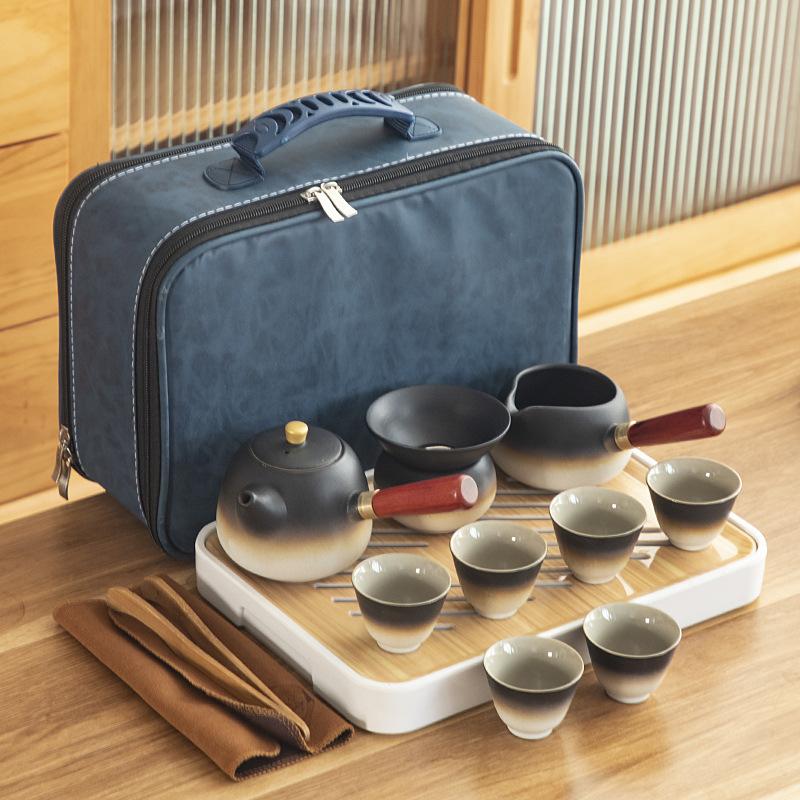 Black pottery Kung Fu tea set, cheap ceramic side handle pot with tea tray, portable complete set of business gifts