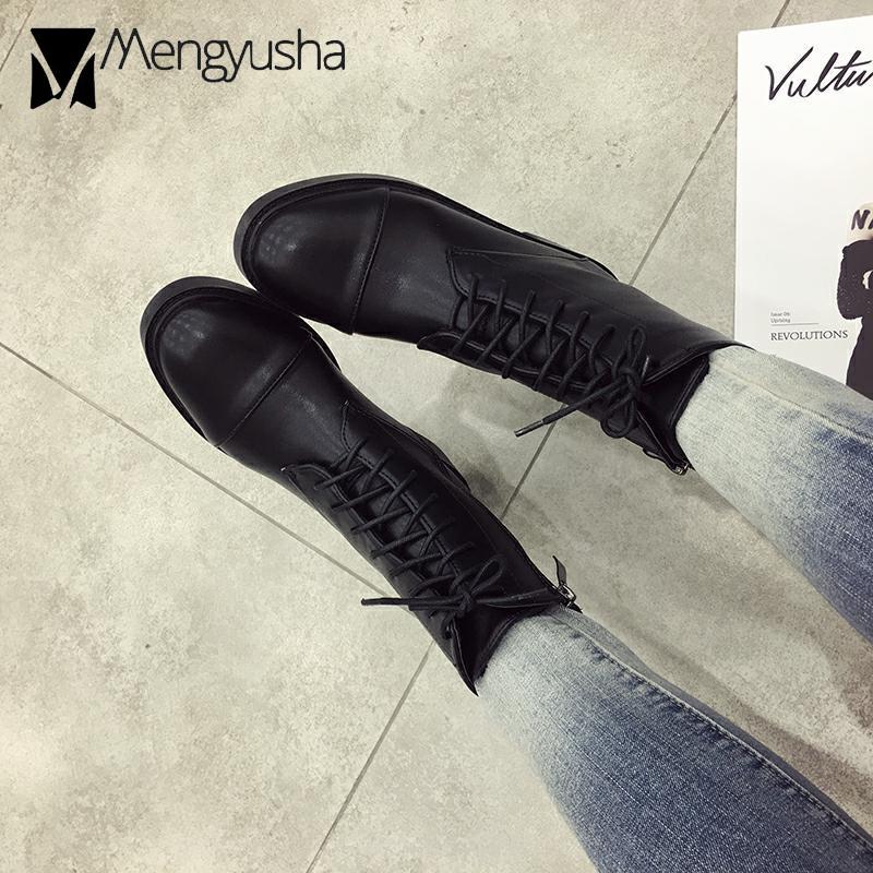 Fashion Winter Boots Women Zipper&Lace-Up Motorcycle Botas PU Leather Botines Mid-Calf Low Square Heels Riding Knight Booties Mujer