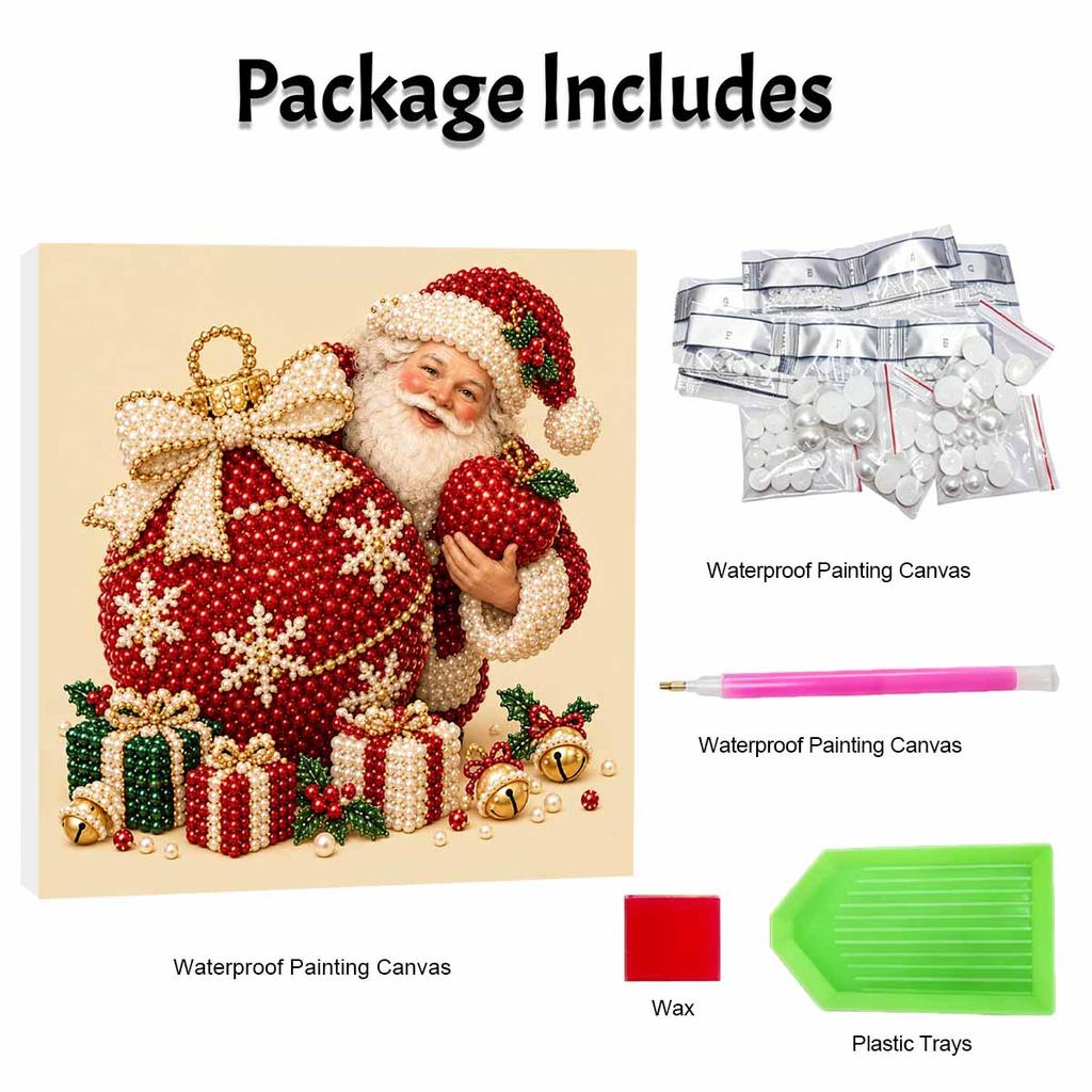 Sparkling Framed Pearl Painting Kit DIY with Santa Claus Holding Christmas Ornament 3D Bead Art Canvas Ready to Display Home Wall Decor Gift