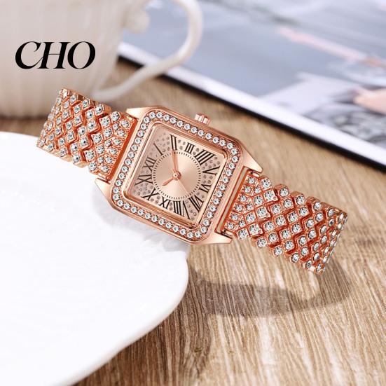 Durable Ladies Watch Women's Square Crystal High Accuracy Quartz Movement Rhinestone Paved Dial Scratch-Resistant Casual Women Wristwatch Mineral