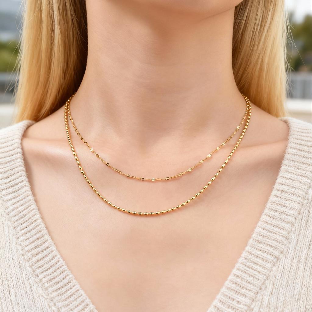 Stainless Steel Double Layer Stacking Necklace for Women Lip Chain and Olive Bead Chain Necklaces Elegant Jewelry Gift
