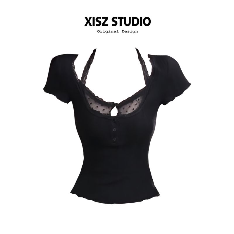 

Sweet and Spicy Lace Patchwork Fake Two-Piece Halter Neck Short-Sleeved T-Shirt for Women, Spring and Summer Niche Design, Slimming Short Top Black [High Quality] S