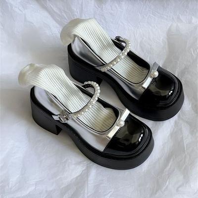 Französische Perlen-Schleife dicker Absatz Mary Jane Single Shoes 22 Sommer neue Modelle nicht müde von hohen Absätzen kleine Lederschuhe