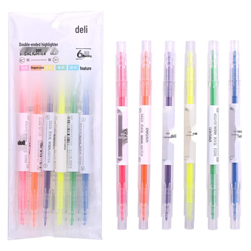Deli S627 Dual-Tip Highlighter Pens, 6-Color Set (2-Pack)