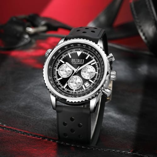 BUREI Men's Quartz Chronograph Watch, Waterproof, Analog, Date Display, Urethane Strap, Black, Gift for Men