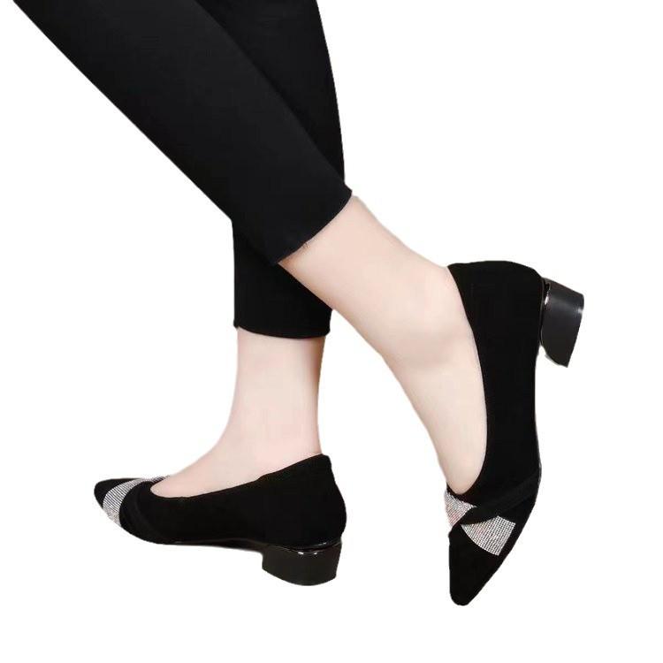 Low-heeled rhinestone single shoes women's autumn matte mid-heel pointed temperament work commuter women's shoes