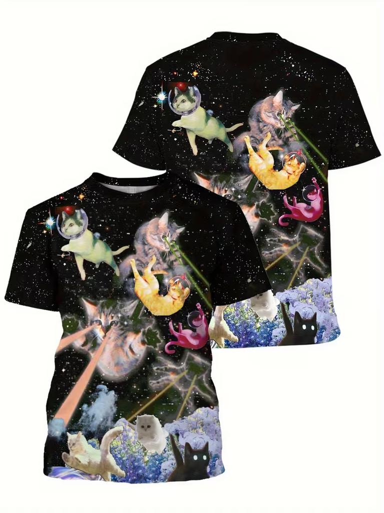 Erwachsenen und Kinder Interstellarer Weltraumkatzen T-Shirt Kosmische Laserkatze Niedlich 3D-Druck Sci-Fi Persönlichkeit Kurzarm