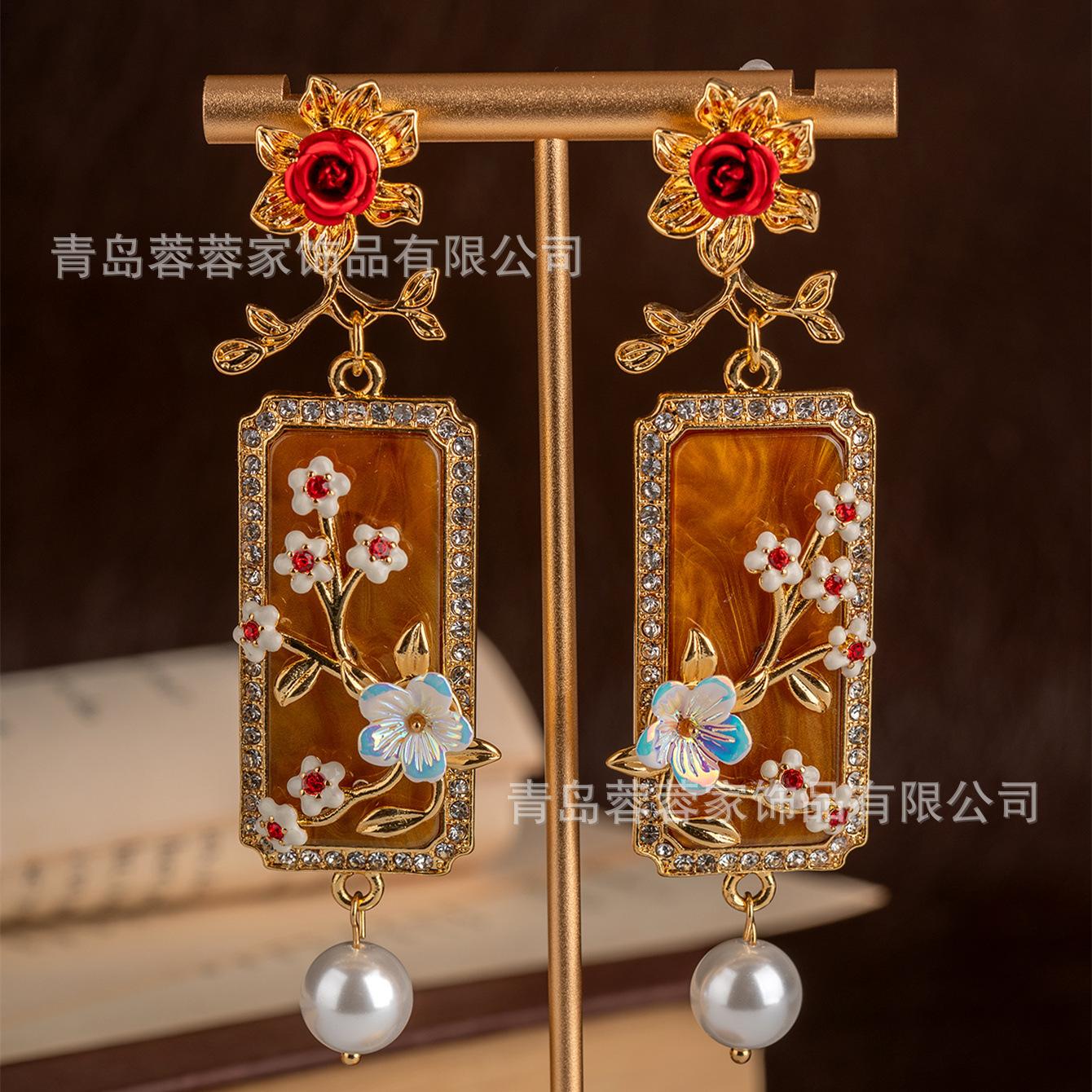 Средневековые Новые Китайские Дворцовые Рельефные Цветочные Квадратные Серьги-Бренд Длинный Элегантный Тяжелая Промышленность Эмаль Доступны для Покупки