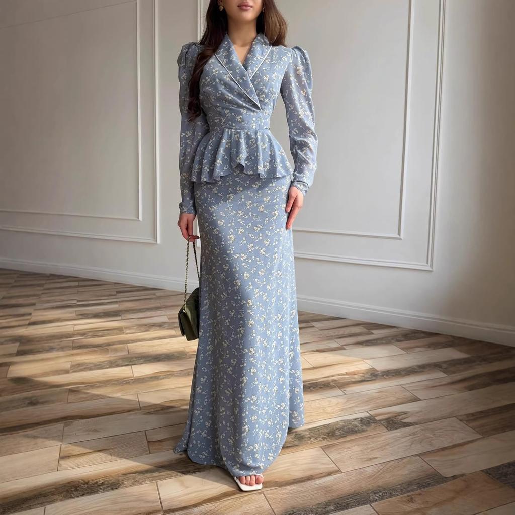 Cross-border European and American women's clothing, light blue floral lapel tie-up waist dress, retro ruffle edge dress