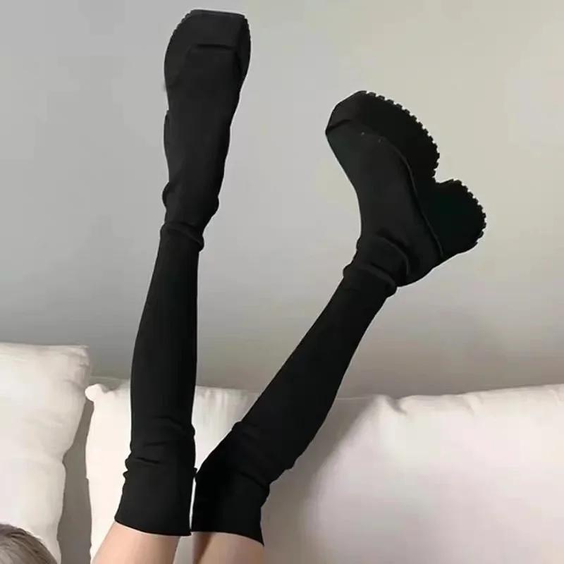 Fashion Women's Over The Knee Sock Boots Winter New Fashion Stretch Thick Heels Knitted Long Boots Women Slip on Platform Shoes