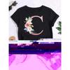 Letter combination fashion women's T-shirt pink flower letter font A-Z short sleeved top black T-shirt women