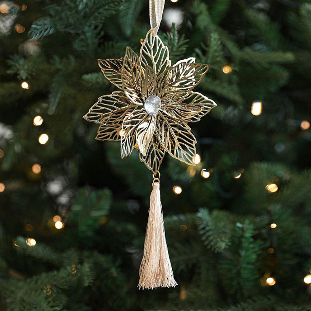 Silver Gold Christmas Snowflakes Pendants Exquisite Handmade Christmas Poinsettia Ornaments with Tassels Iron