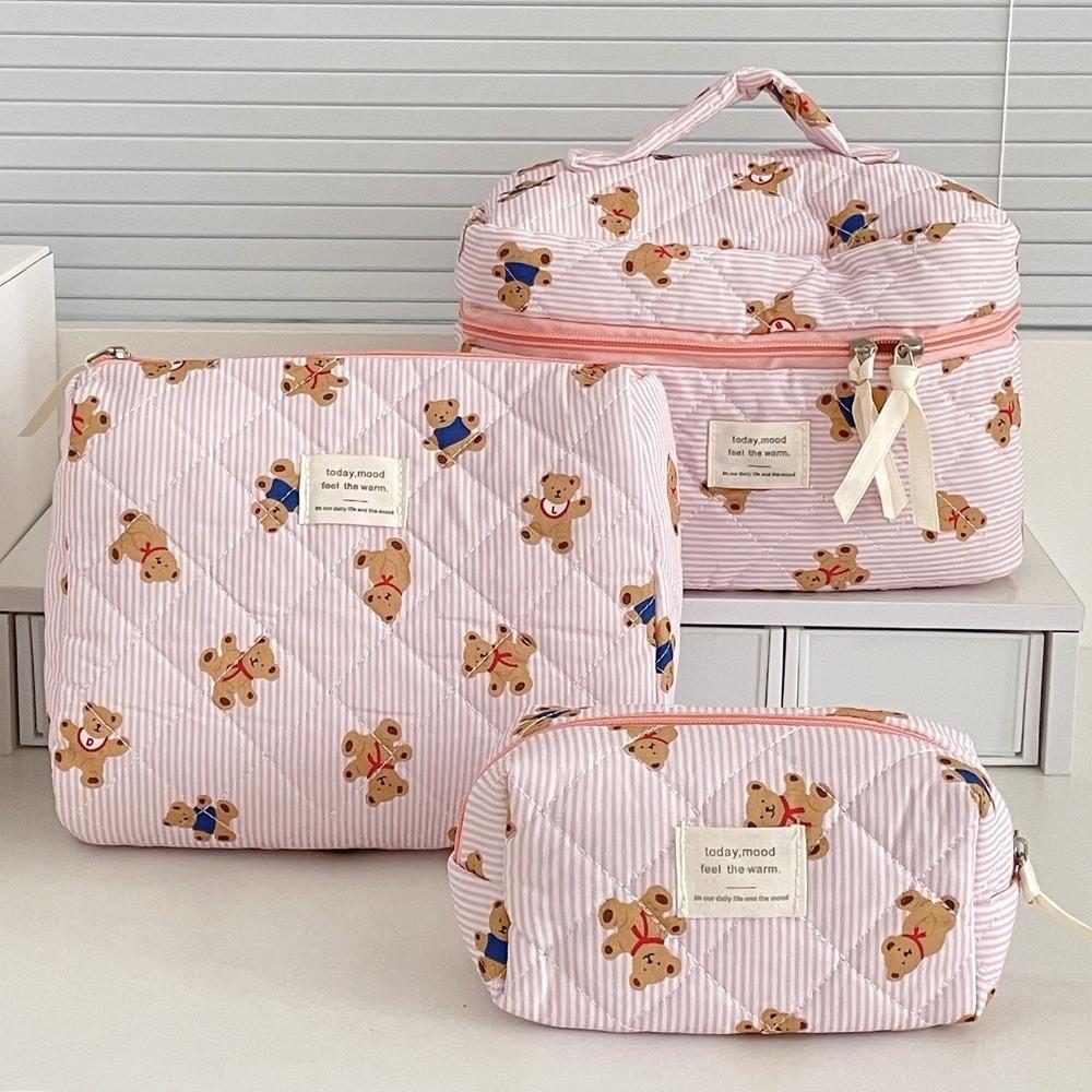 3PCS Soft Toiletry Pouch Large Capacity Cartoon Cosmetic Organizer Quilted Cotton Makeup Bag Women
