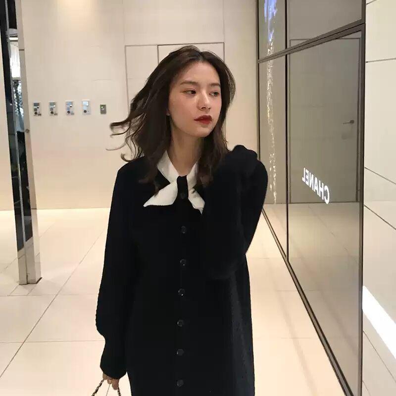 

Winter women s clothing knitted inside long dress black backing sweater dress autumn and winter XL чёрный
