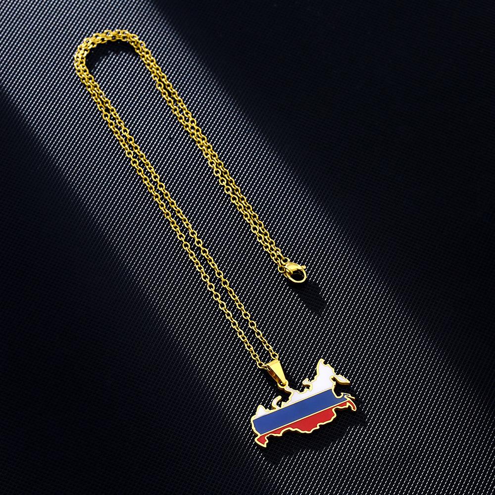 Russia Map Flag Pendant Necklace Stainless Steel Patriotic Jewelry for Men Women