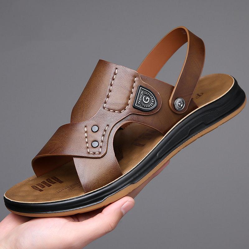Sandals men's leather beef tendon beach shoes outer wear summer new non-slip soft-soled casual waterproof two-in-one slippers