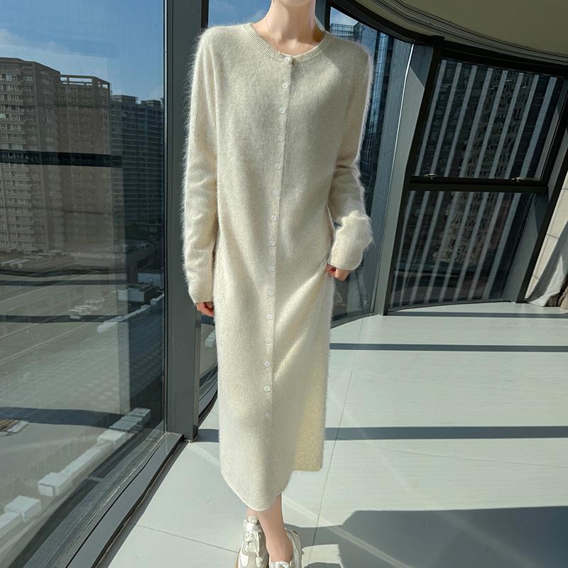 Women's Mink Cashmere Cardigan - Round Neck, Long Sleeve, Soft, Fluffy, Loose Fit, Mid-Length Knit Wool Sweater for Autumn/Winter.