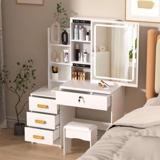 Makeup Vanity Desk with LED Lighted Mirror, Vanity Table with 4 Drawers and Opening Shelves, Bedroom Dressing Table with Stool