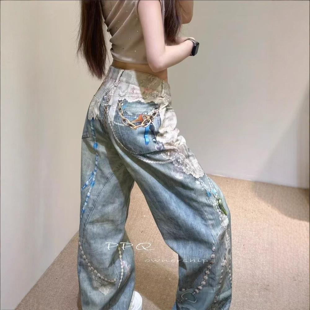 Amerikanische High Street Denim Spitze Alte Gerade Jeans Trendige Damen Vintage Waschung Weitbeinige Jeans, Bedruckte Perlen & Spitze Verzierte Freizeithosen