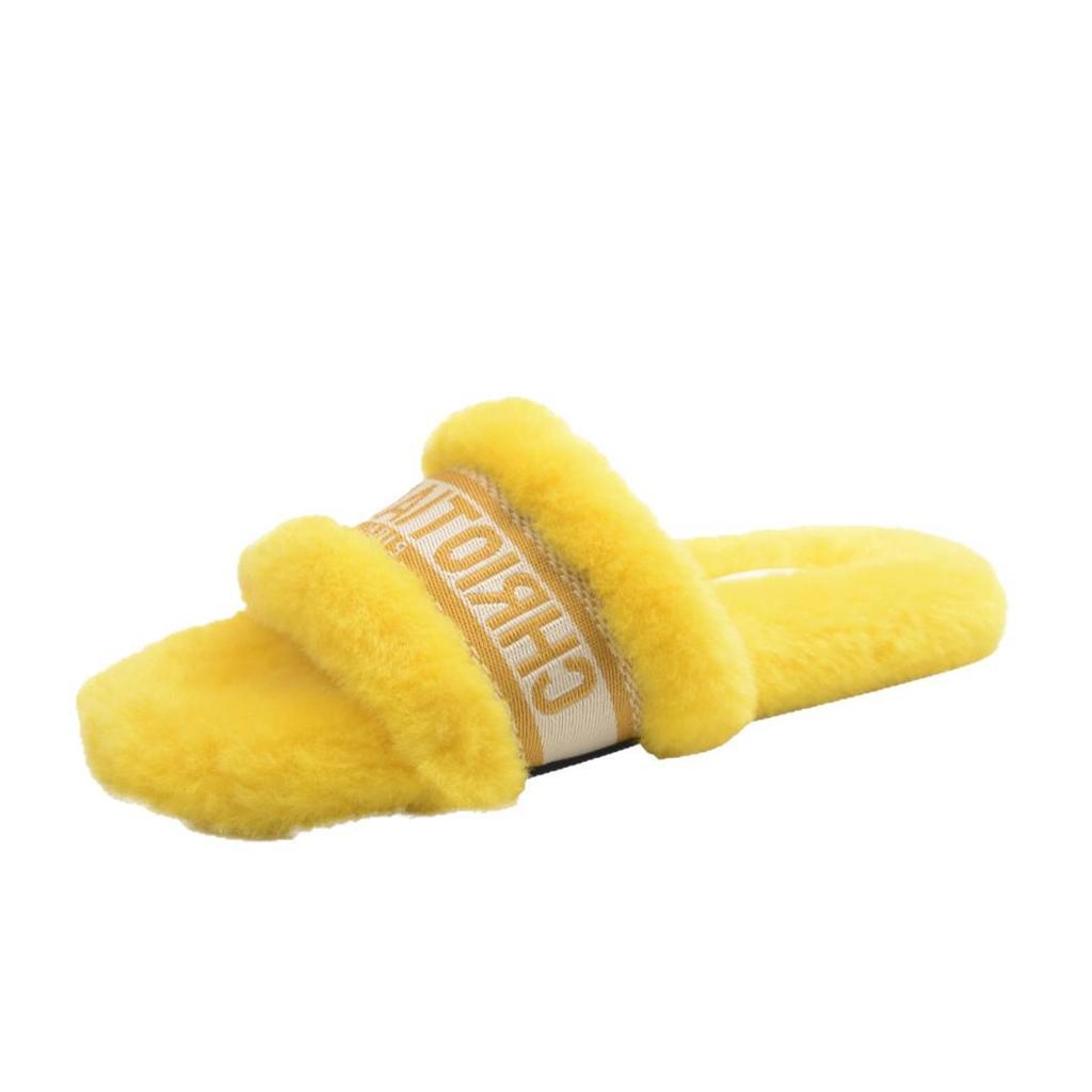 2025 Autumn/Winter Women's Fuzzy Flat Slippers - One-Strap, Letter Design, Versatile Korean Style, Warm Outdoor Footwear (EU)