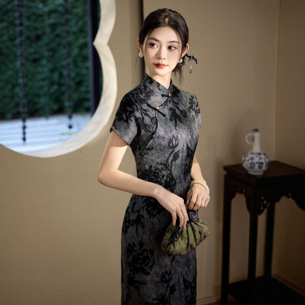 New Chinese-style improved cheongsam women's long slim and thin black jacquard retro national style daily wear dress