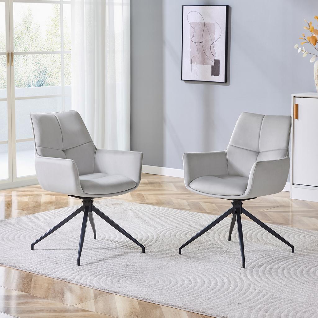 [Set of 2] European 360° Swivel Upholstered Chair: Light Grey Fabric + Black Lacquered Metal Legs, Breathable and Comfortable