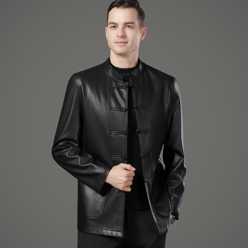 Genuine leather jacket for middle-aged men with stand-up collar and Chinese style new spring and autumn Tang suit sheepskin jacket casual dad jacket