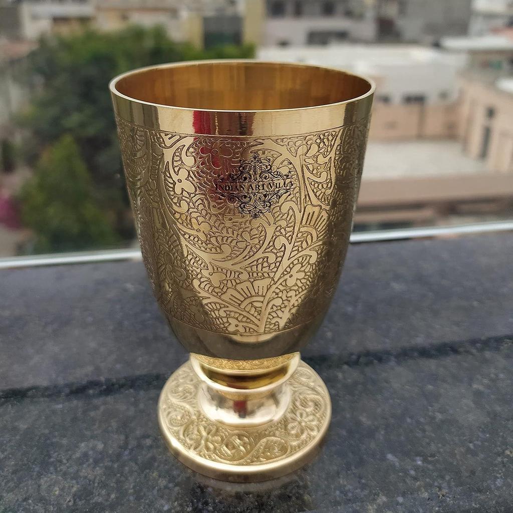 Pure Brass Glass Tumbler with Goblet Design - 350 ml, Embossed, Drinking and Serving Water, Yoga and Ayurveda, 2 Piece