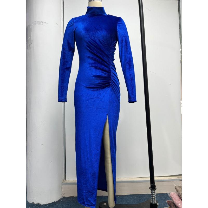 Autumn and Winter Women's High Neck Velvet Slim Wrinkled Split Long Dresses