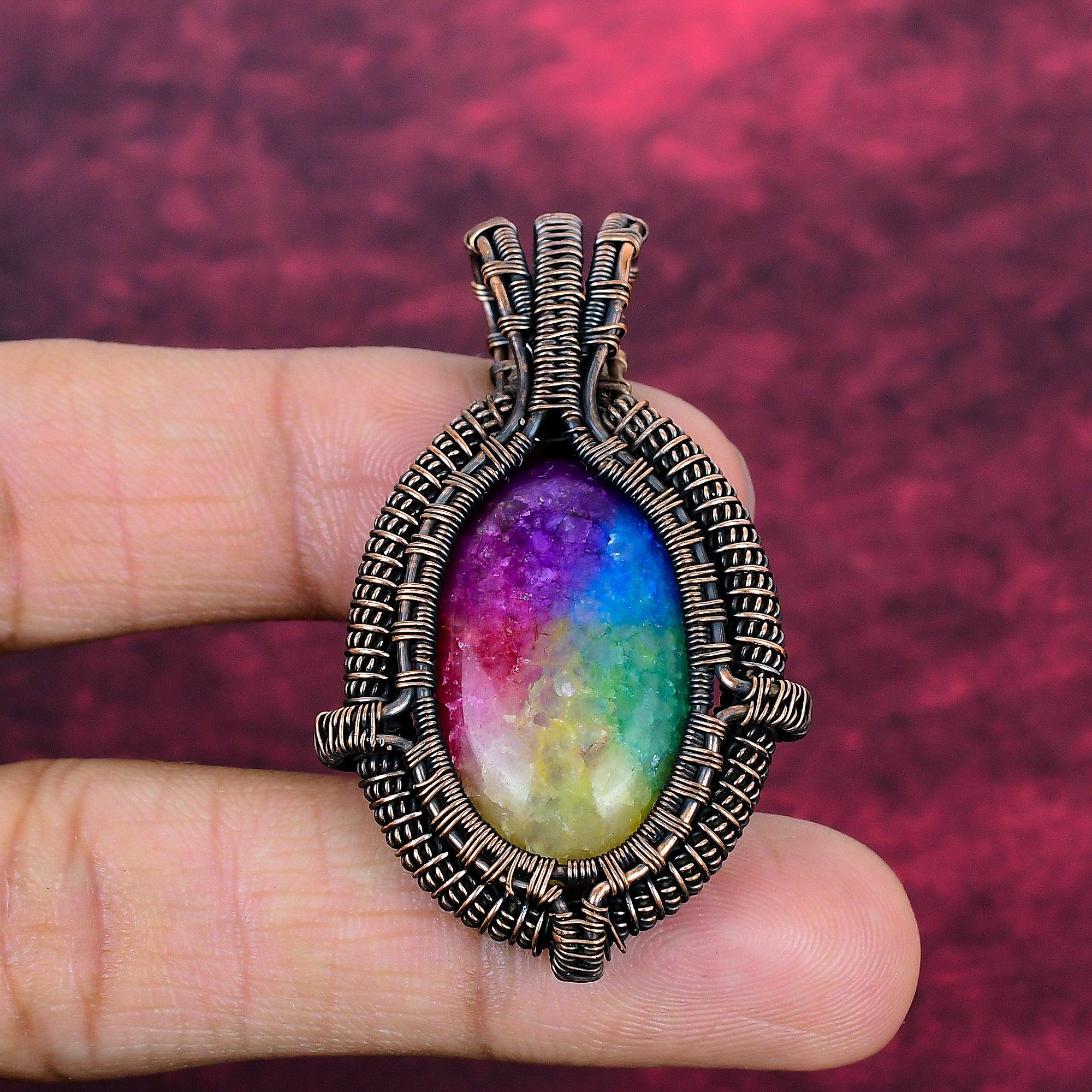 Rainbow Solar Quartz Druzy Gemstone Pendant Copper Wire Wrapped Designer Jewelry