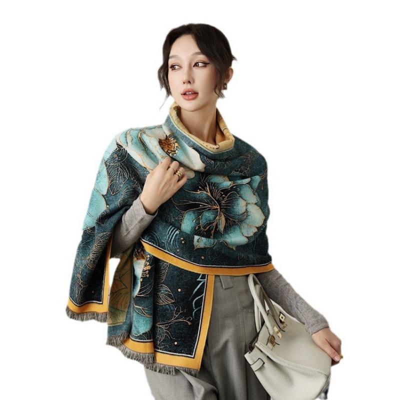 Guochao autumn and winter oil painting peony high-end imitation cashmere shawl literary fashion thickened warm decorative scarf scarf scarf