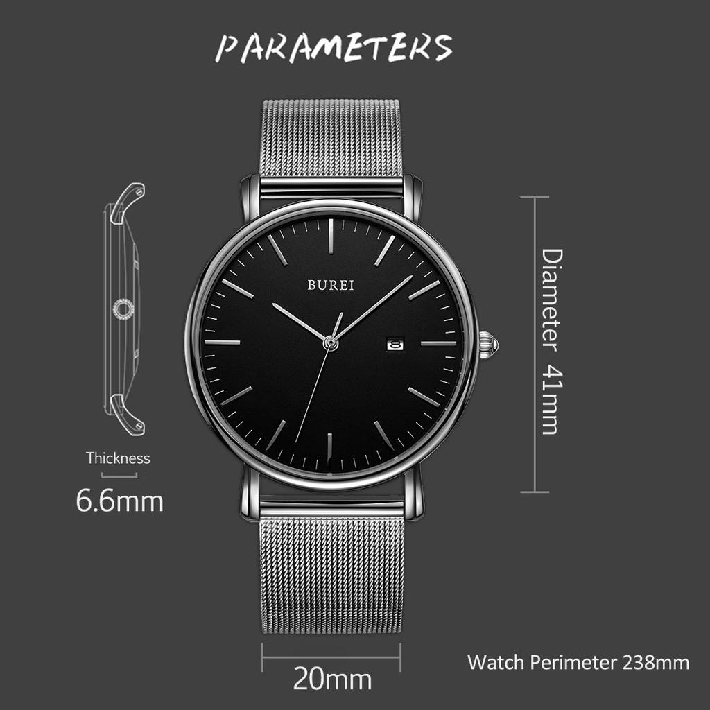 BUREI Men's Analog Quartz Watch, Waterproof, Date Display, Black, Popular Brand, Simple and Stylish Business Watch with Silver Milanese Mesh Strap, Pe