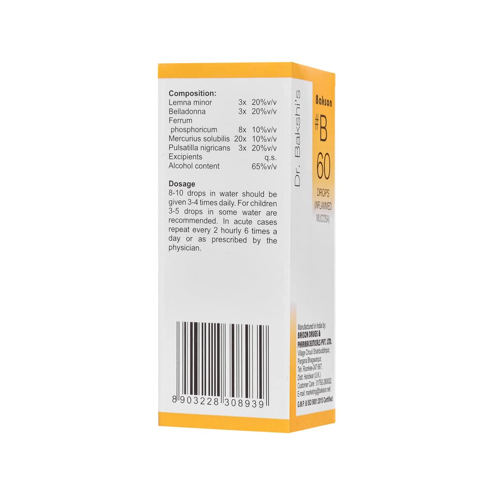 Dr. Bakshi's BAKSON'S HOMOEOPATHY B60 Inflamed Mucosa Drops 30 ml Pack of 1 for General Wellness