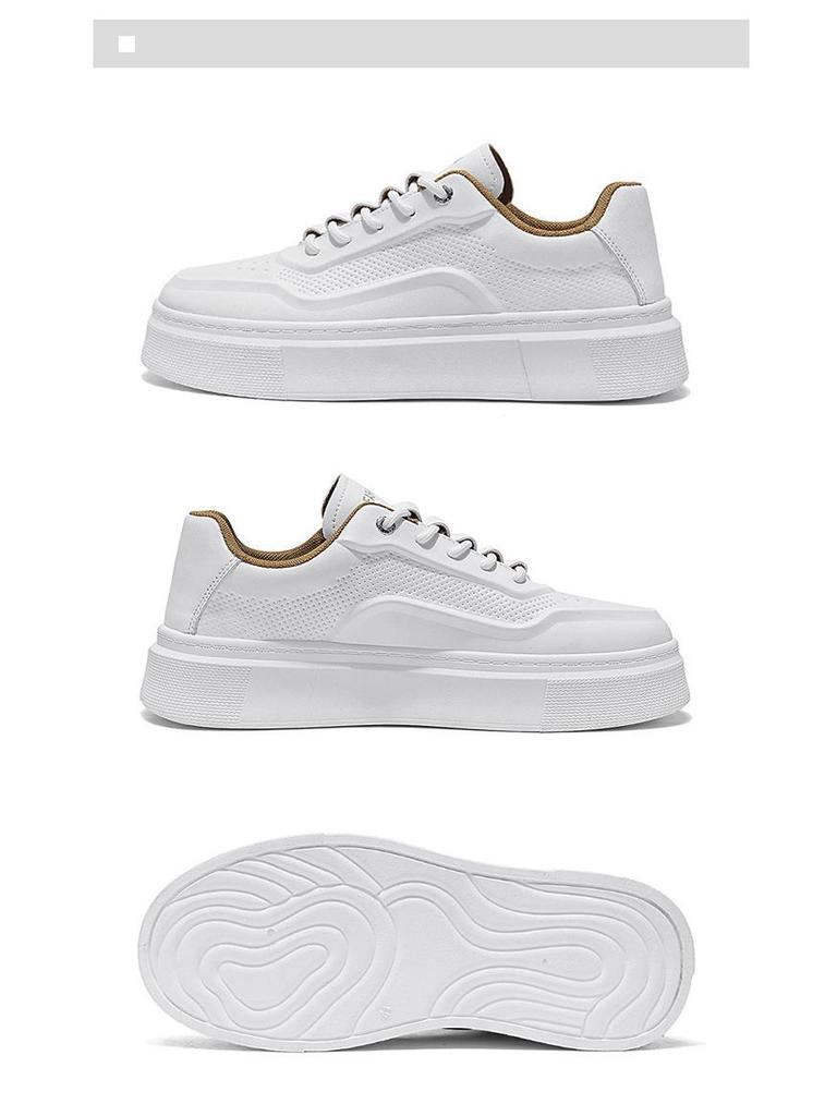 Men's Trendy Breathable White Leather Sneakers: Versatile, Thick-Soled Casual Shoes