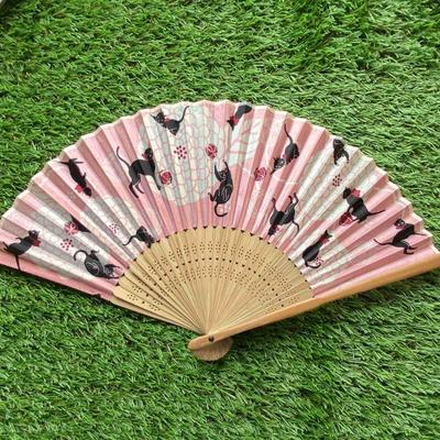Women's Bamboo Folding Fan: 21CM/23CM Cute Kitten Design, Customizable Packaging