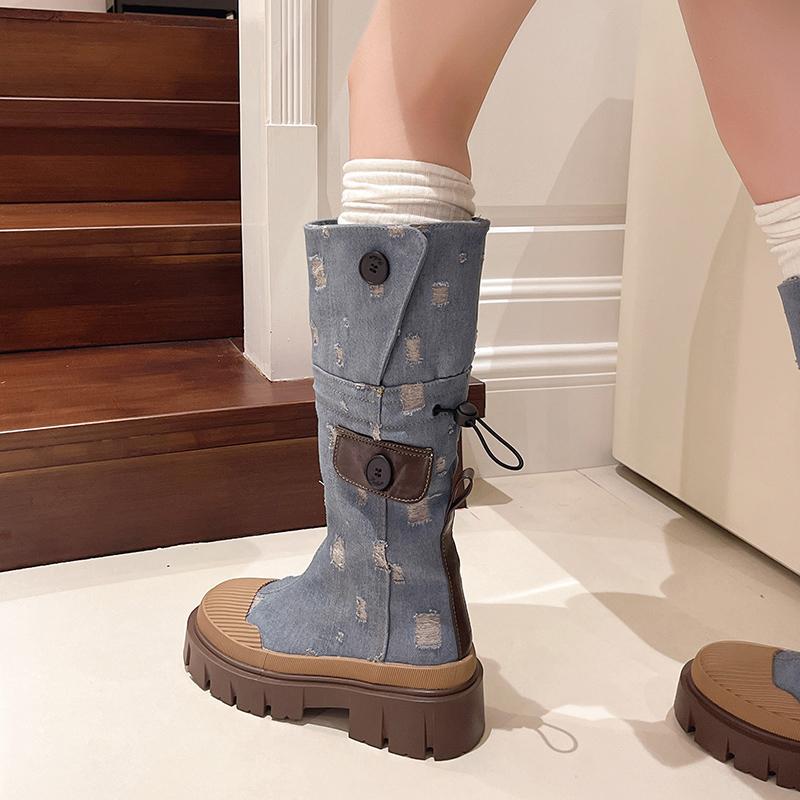 Botas de cano curto plataforma grossa de lona da moda quente para mulheres com zíper e sola grossa, botas de motocicleta femininas com aumento de altura, botas punk de cano médio