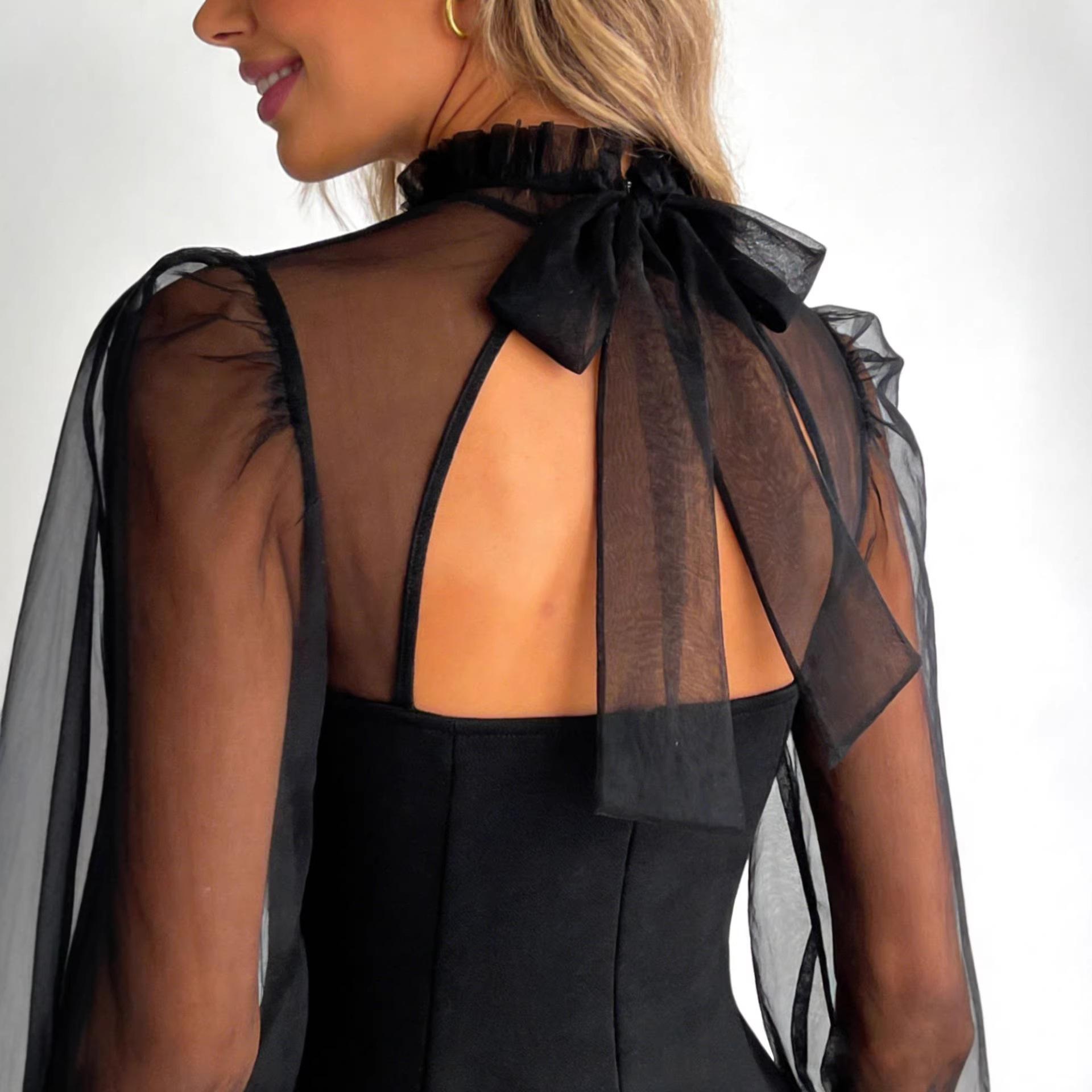 

Black mesh lantern sleeve dress, stand-up neck tie-up waist A-word short skirt, popular direct supply L чорний
