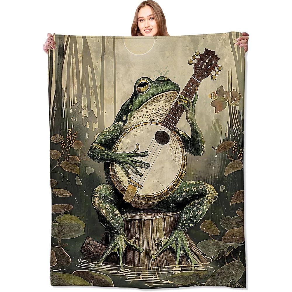 Banjo-Playing Frog Blanket Whimsical Woodland Throw Blankets with Musical Animal & Moonlit Swamp, Birthday Gifts for Adult, Ligh 75X95CM