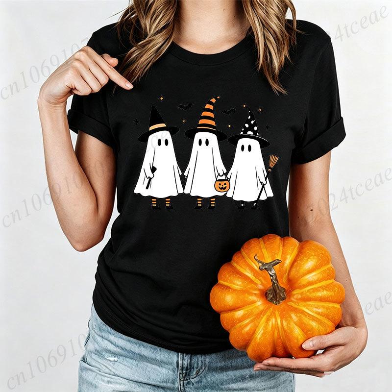Women Halloween T Shirt Ghosts with Witch Hats Graphic Tees Family Matching Bat Pumpkin Short Sleeve Tops Halloween Party Tshirt