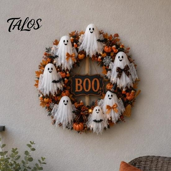 Autumn Front Door Decor Halloween Boo Ghost Wreath, Spooky Hanging Decoration with Pumpkins Artificial Fabric Wreath And Spider Webs for Porch,