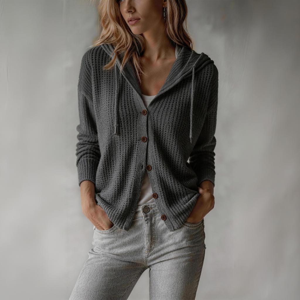 Women's Hooded Knit Cardigan Color Loose Fit Lightweight Outerwear Top for Casual Everyday Wear