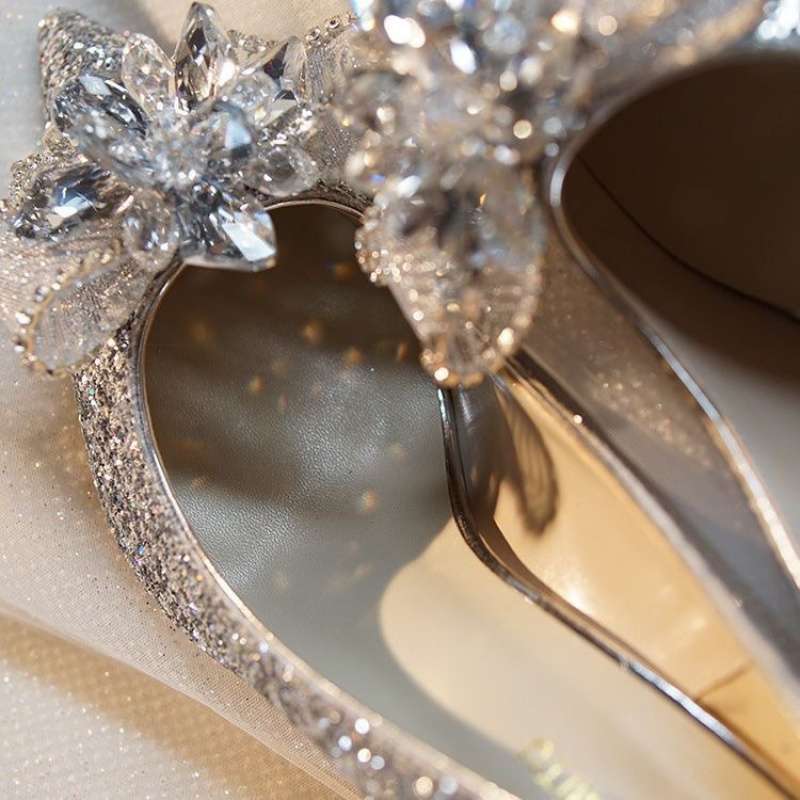 French Stiletto Crystal Sequins Silver Fairy High Heels New Bow Bridal Wedding Shoes Main Dress