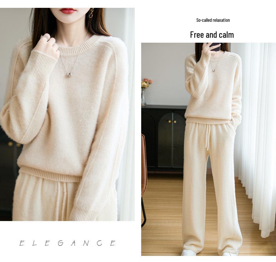 Elegant Double-Strand Round Neck Wool Sweater for Women – Long Sleeve, Loose Knit Cashmere, Slimming Design