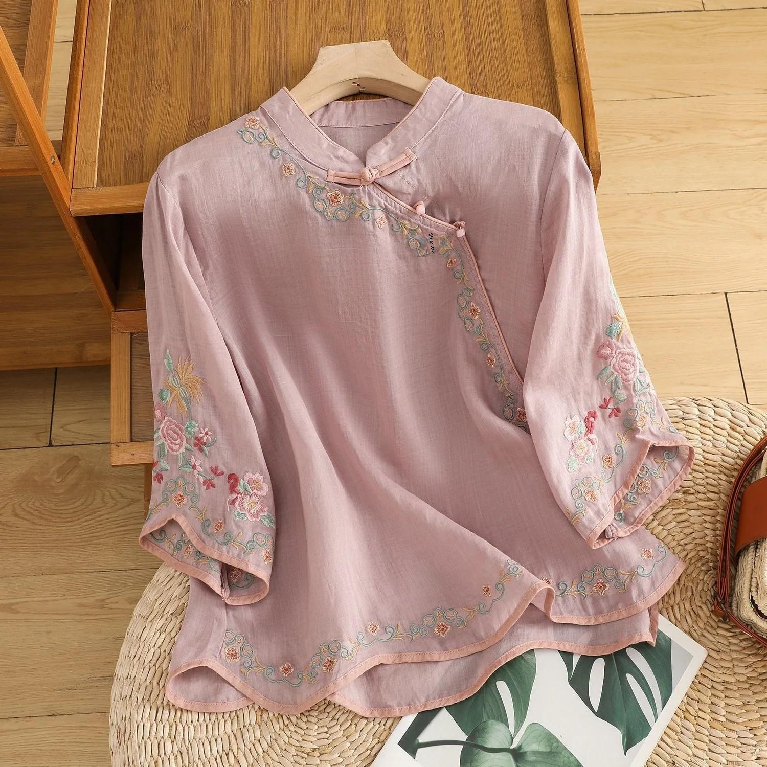 

Summer Artistic Vintage Embroidery Slimming Cotton Linen Women s Top with Button Color Block Sleeveless Shirt for Reducing Age M фіолетовий