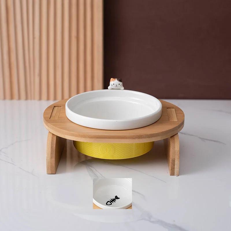 Cartoon Pets Double Bowl Dog Cat Food Water Feeder Stand Raised Ceramic Dish Bowl Wooden Table Pet Supplies Cat Bowls