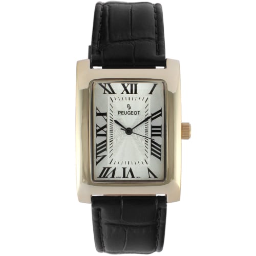 Peugeot Men's Vintage Rectangular 14K Gold-Plated Black Leather Strap Watch