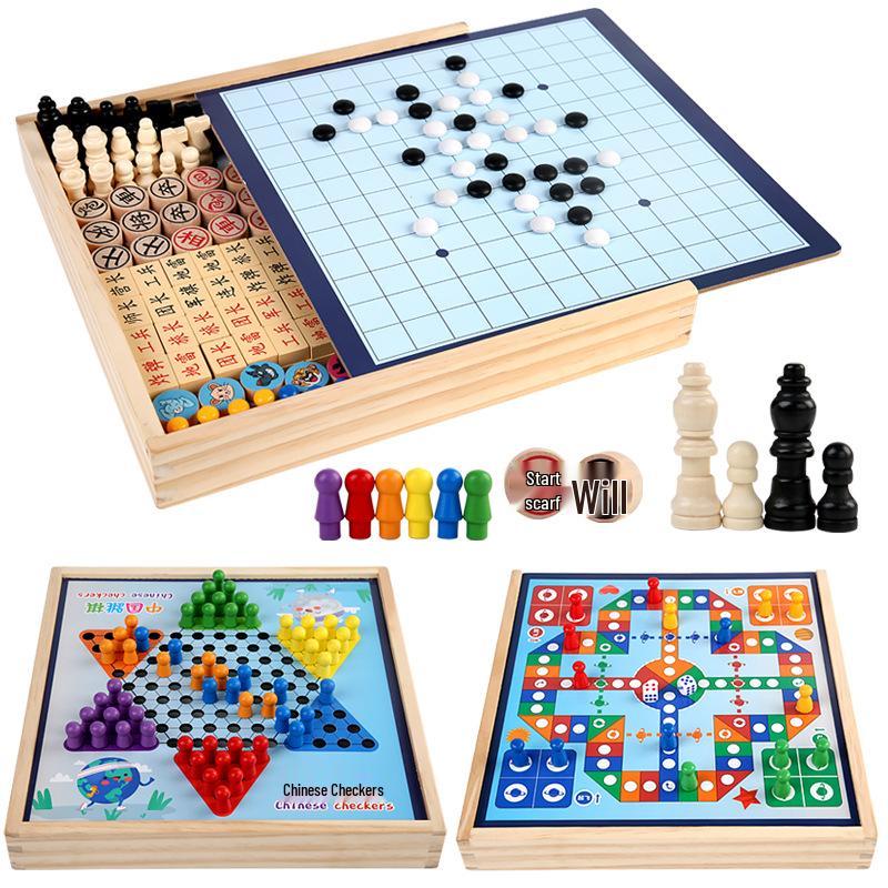 Multifunctional Chessboard Set: Flying Chess, Five-in-a-Row, Checkers, Children's Chinese Chess – Educational Toy for Primary Students